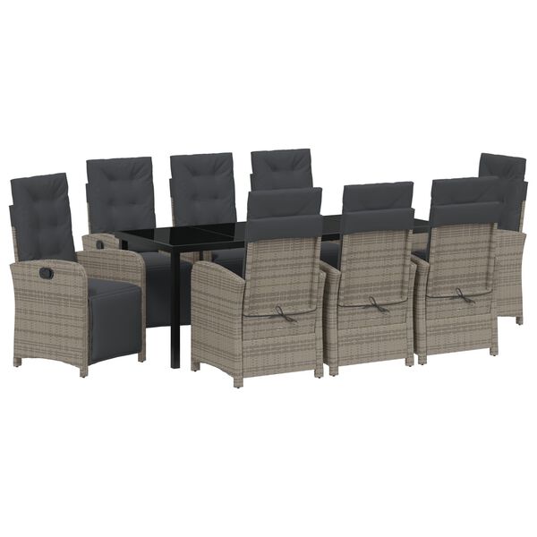 vidaXL Tuin eettafelset met kussen 9 pcs Grijs poly rattan