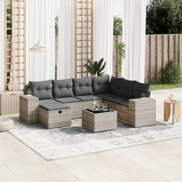 vidaXL 8-delige Loungeset met kussens poly rattan lichtgrijs