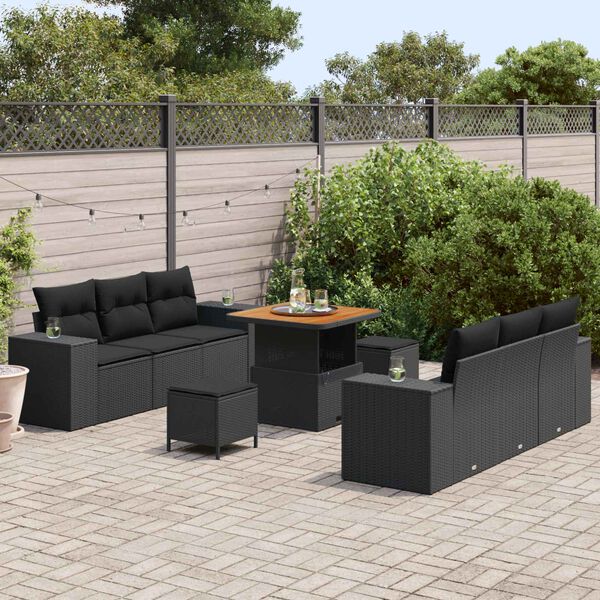 vidaXL Tuin Sofa Set met kussen met opslag 9 pcs Zwart Poly Rattan