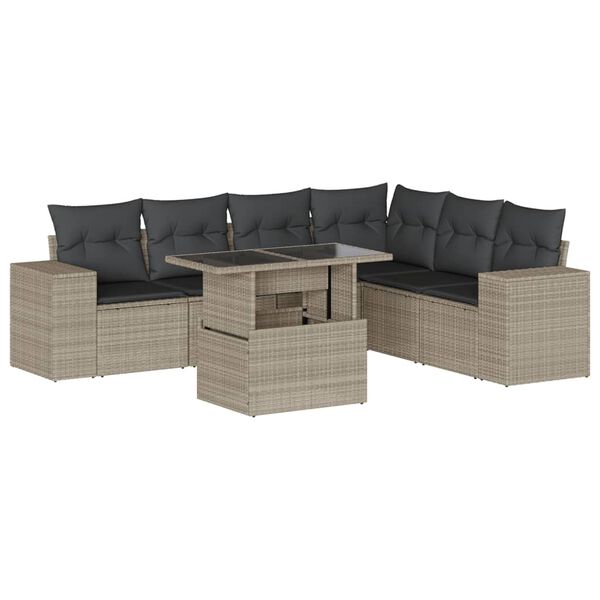 vidaXL 7-delige Loungeset met kussens poly rattan lichtgrijs