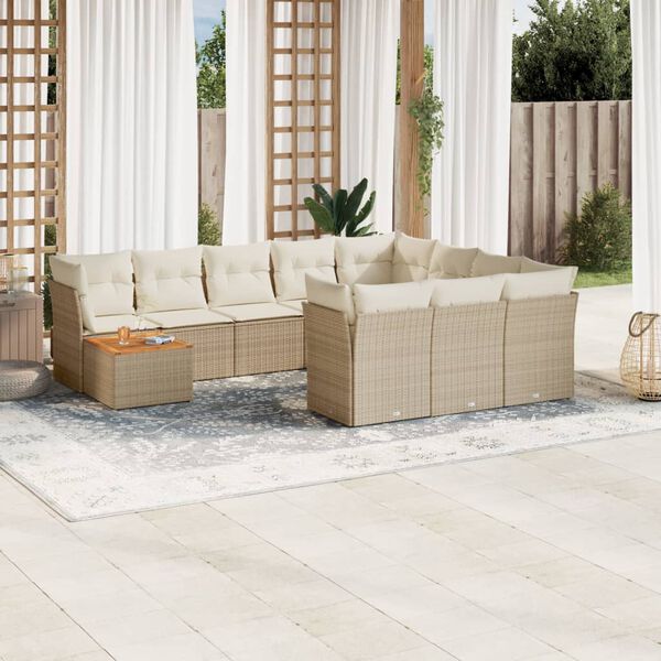vidaXL 11-delige Tuinset met kussens poly rattan beige