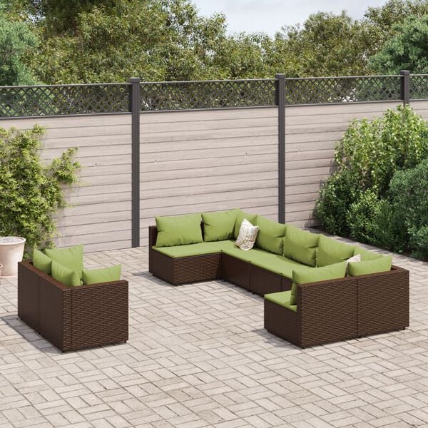 vidaXL 9-delige Loungeset met kussens poly rattan bruin