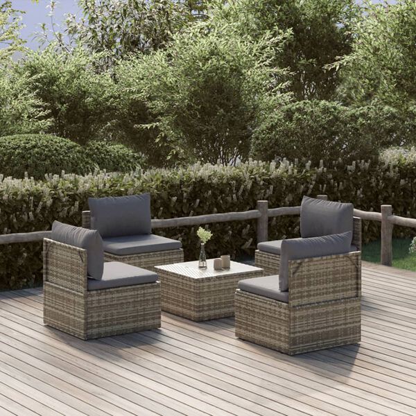 vidaXL 5-delige Loungeset met kussens poly rattan grijs