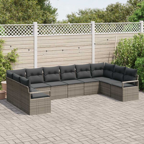 vidaXL Bankstel met kussen 10 pcs Grijs poly rattan