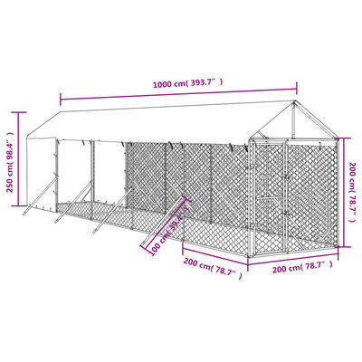 vidaXL Hondenkennel met dak 2x10x2,5 m gegalvaniseerd staal zilver