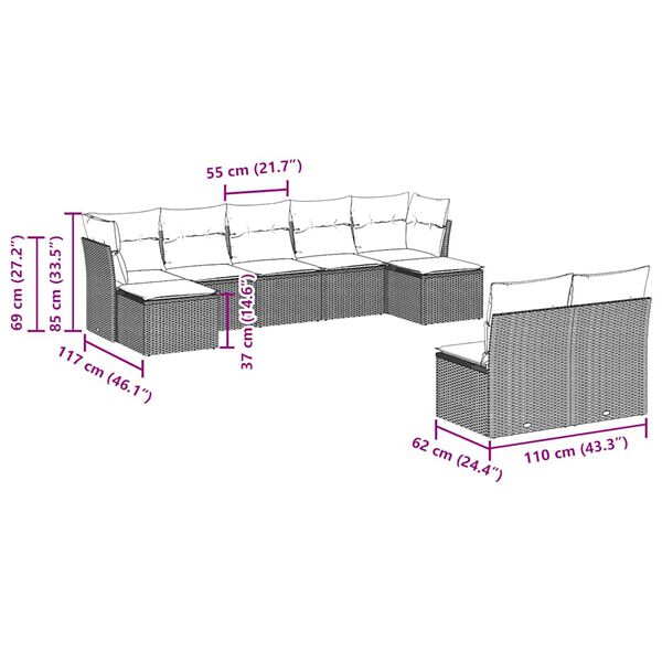 vidaXL 9-delige Loungeset met kussens poly rattan zwart