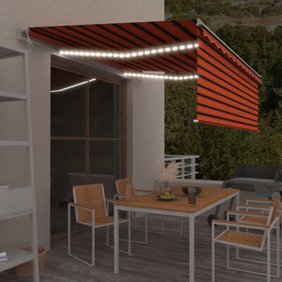 vidaXL Luifel met rolgordijn, LED en windsensor 4x3 m oranje en bruin