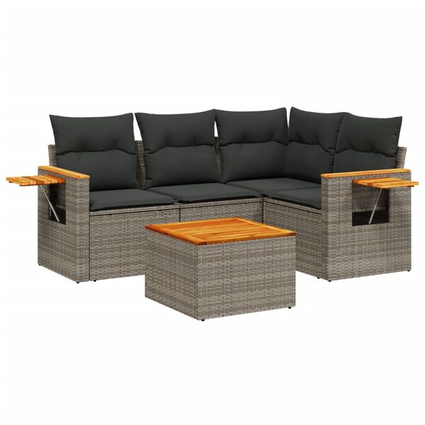 vidaXL 5-delige Loungeset met kussens poly rattan grijs
