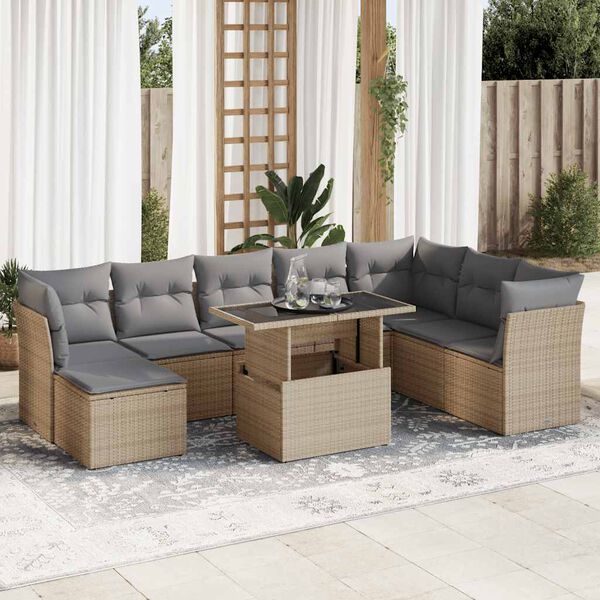 vidaXL 9-delige Loungeset met kussens poly rattan beige