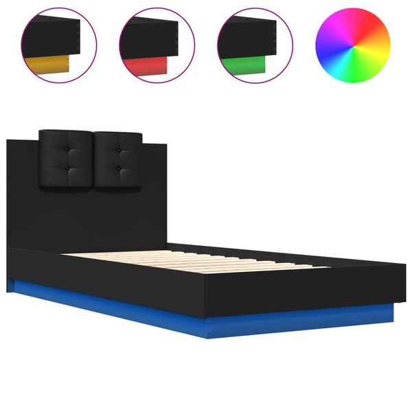vidaXL Bedframe met hoofdbord en LED-verlichting zwart 75x190 cm