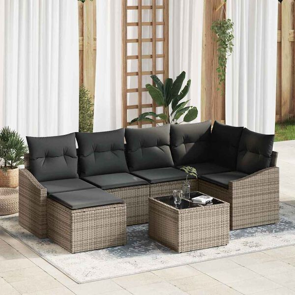 vidaXL Bankstel met kussen 7 pcs Grijs poly rattan