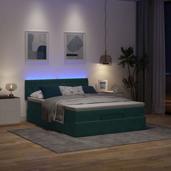vidaXL Ottoman bed met matras en LED's 140x200cm fluweel donkergroen