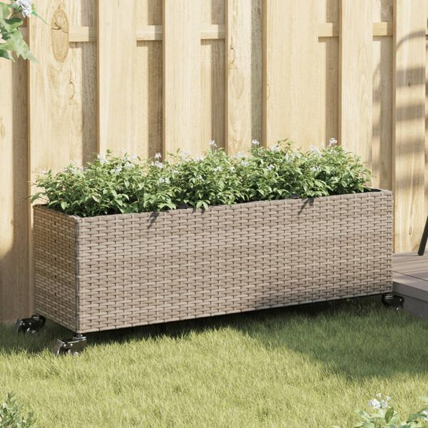 vidaXL Plantenbak met wielen 3 potten 107x32x38 cm poly rattan grijs