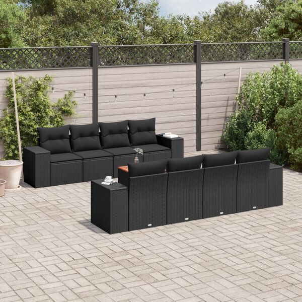 vidaXL 9-delige Loungeset met kussens poly rattan zwart