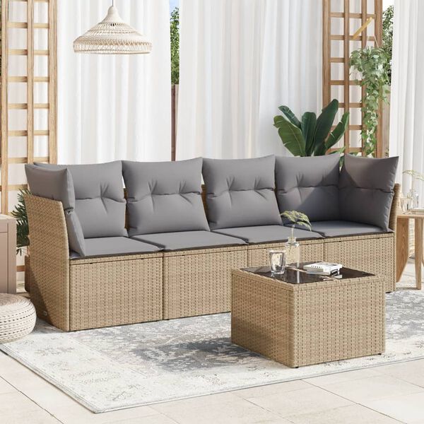 vidaXL 5-delige Loungeset met kussens poly rattan beige