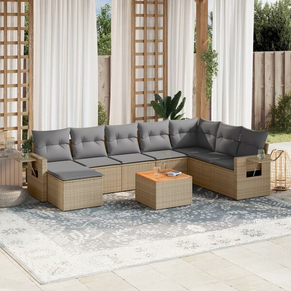 vidaXL 9-delige Loungeset met kussens poly rattan beige