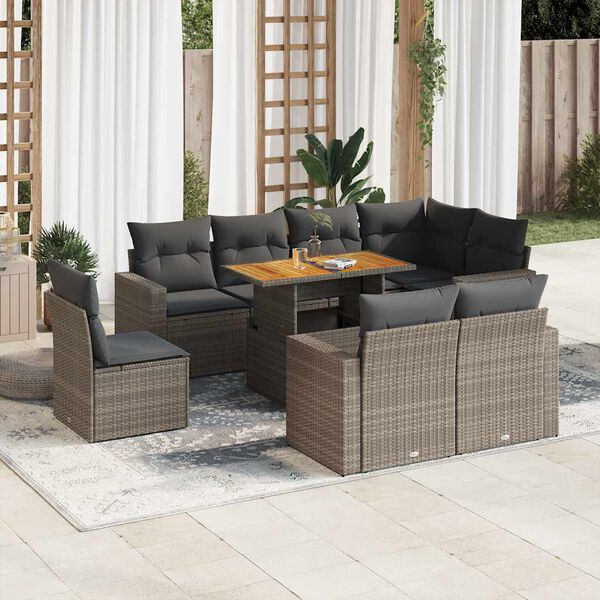 vidaXL 9-delige Loungeset met kussens poly rattan grijs