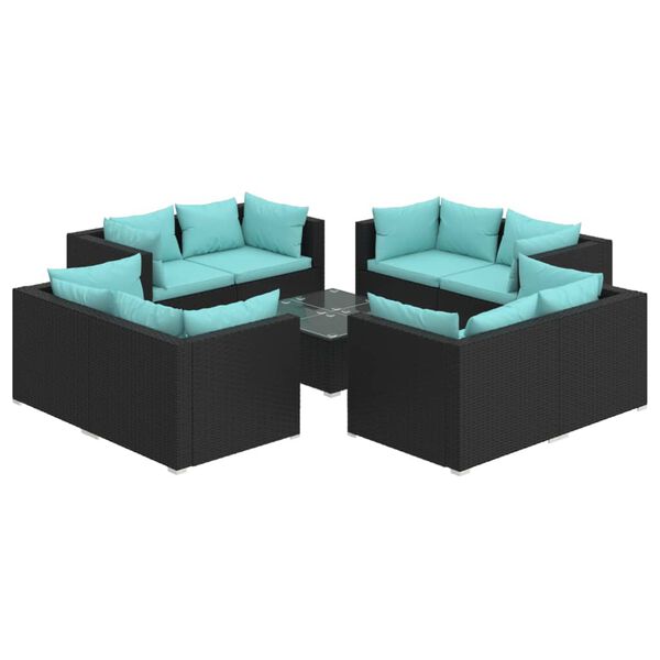 vidaXL 9-delige Loungeset met kussens poly rattan zwart