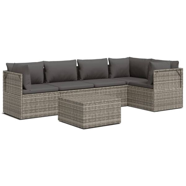 vidaXL 6-delige Loungeset met kussens poly rattan grijs