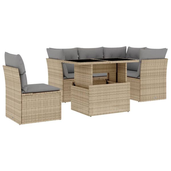 vidaXL 6-delige Loungeset met kussens poly rattan beige