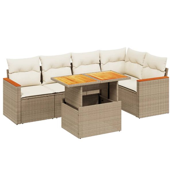 vidaXL 6-delige Loungeset met kussens poly rattan beige