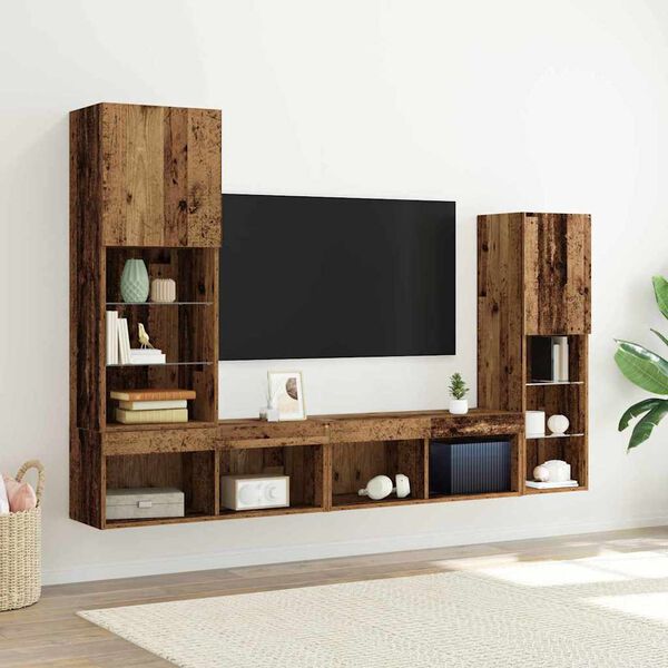vidaXL TV-kast met LED-striplichten 4 pcs Oud hout Bewerkt hout