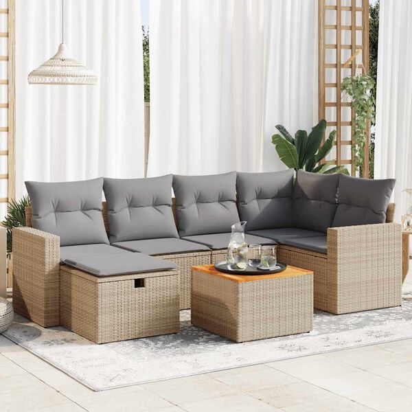 vidaXL 7-delige Loungeset met kussens poly rattan beige