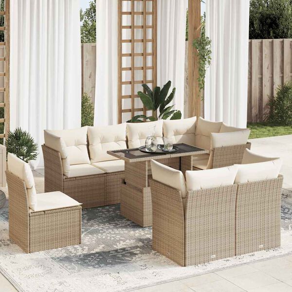 vidaXL 9-delige Loungeset met kussens poly rattan beige