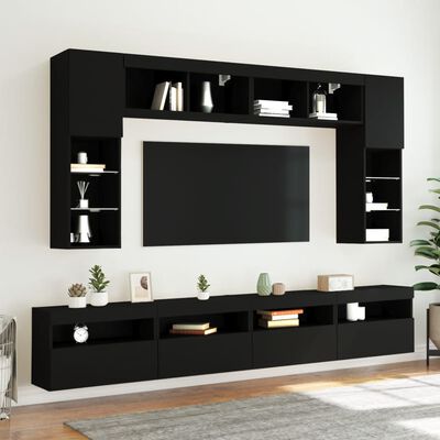 vidaXL 8-delige Tv-wandmeubelset met LED-verlichting zwart