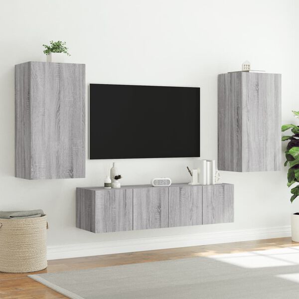 vidaXL 4-delige Tv-wandmeubelset met LED bewerkt hout grijs sonoma