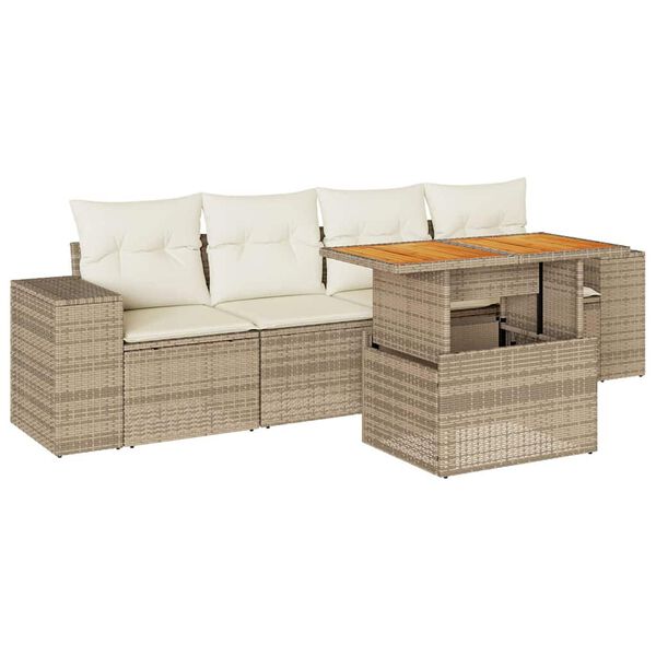 vidaXL 5-delige Loungeset met kussens poly rattan beige