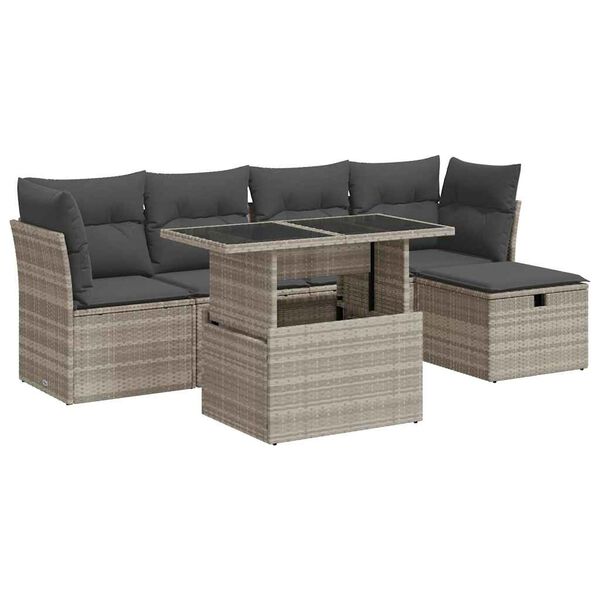 vidaXL 6-delige Loungeset met kussens poly rattan lichtgrijs