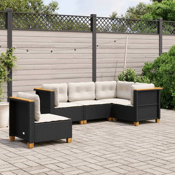 vidaXL 5-delige Loungeset met kussens poly rattan zwart