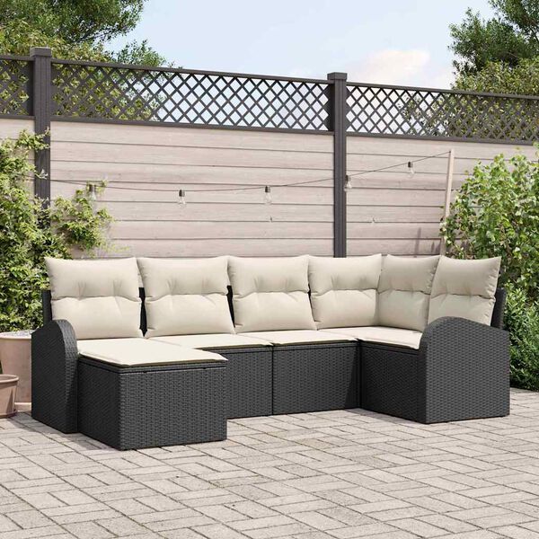 vidaXL Bankstel met kussen met opslag 6 pcs Zwart en Wit poly rattan