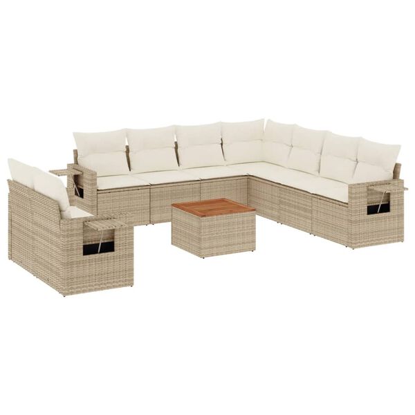 vidaXL 10-delige Loungeset met kussens poly rattan beige