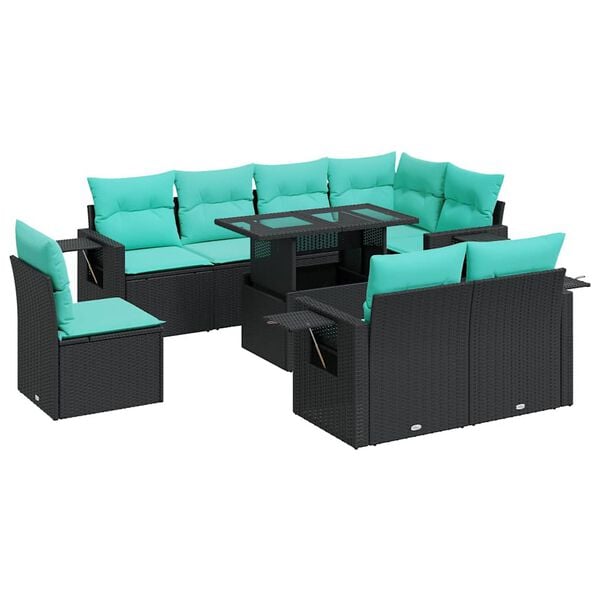 vidaXL 9-delige Loungeset met kussens poly rattan acacia zwart