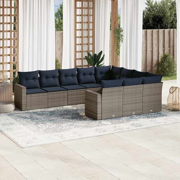 vidaXL 10-delige Loungeset met kussens poly rattan grijs