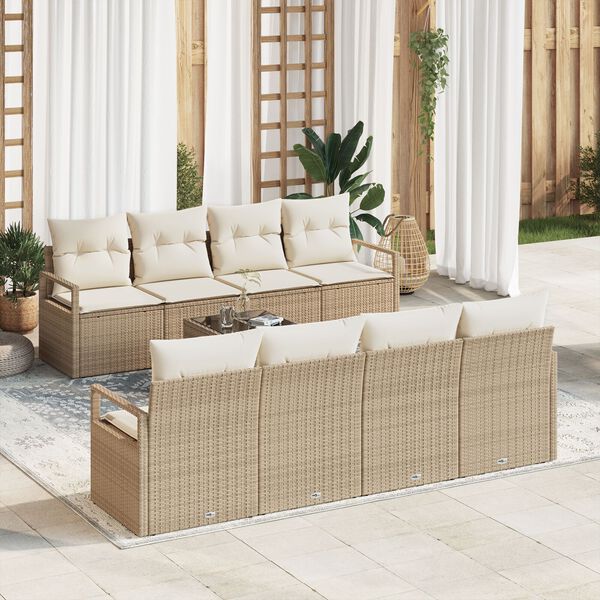 vidaXL Bankstel met kussen 7 pcs Beige en Cr&egrave;me poly rattan