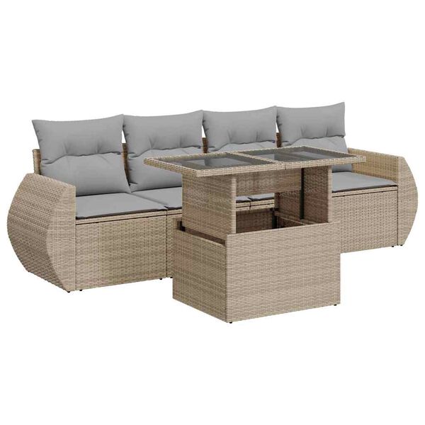 vidaXL 5-delige Loungeset met kussens poly rattan beige