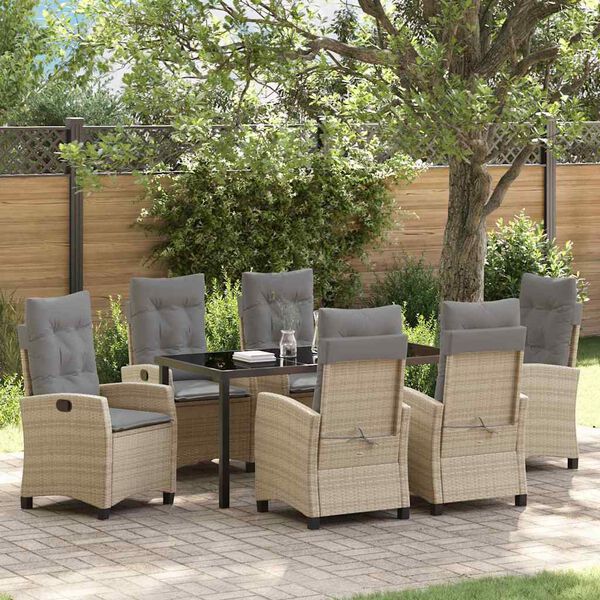 vidaXL Tuin eettafelset met kussen 7 pcs Beige poly rattan