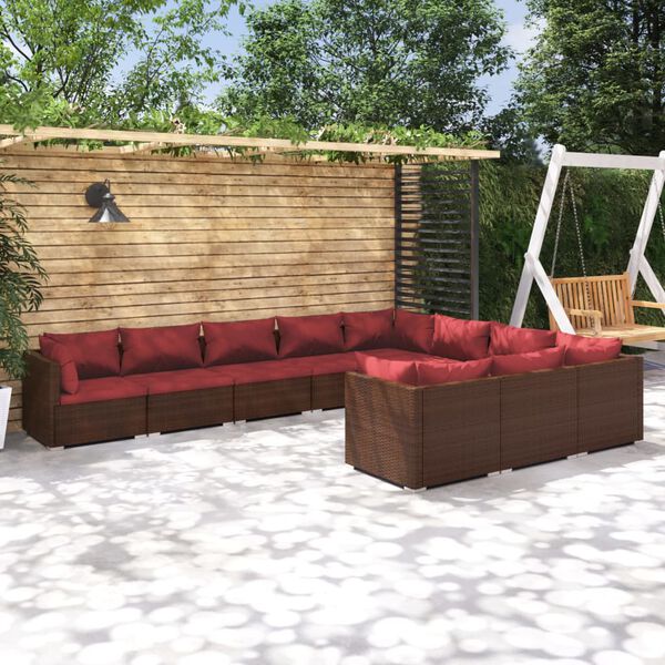 vidaXL 10-delige Loungeset met kussens poly rattan bruin