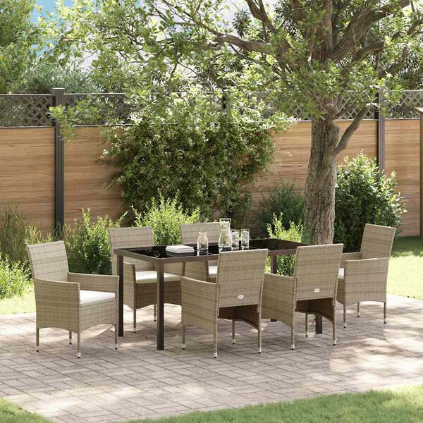 vidaXL Tuin eettafelset met kussen 7 pcs Beige poly rattan