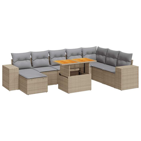 vidaXL 9-delige Loungeset met kussens poly rattan acacia beige