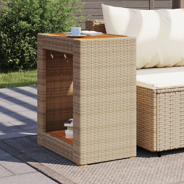 vidaXL Tuinbijzettafel met houten blad 60x40x75 cm poly rattan beige