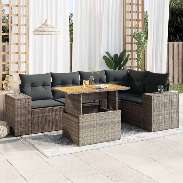 vidaXL 6-delige Loungeset met kussens poly rattan grijs