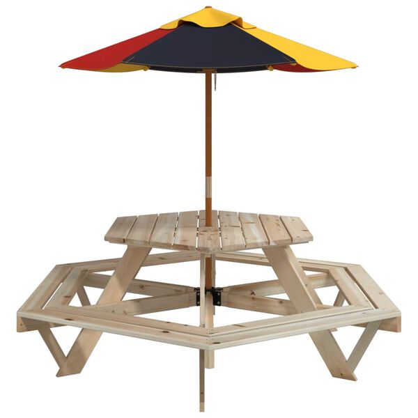 vidaXL Picknicktafel voor 4 kinderen met parasol zeshoekig vurenhout