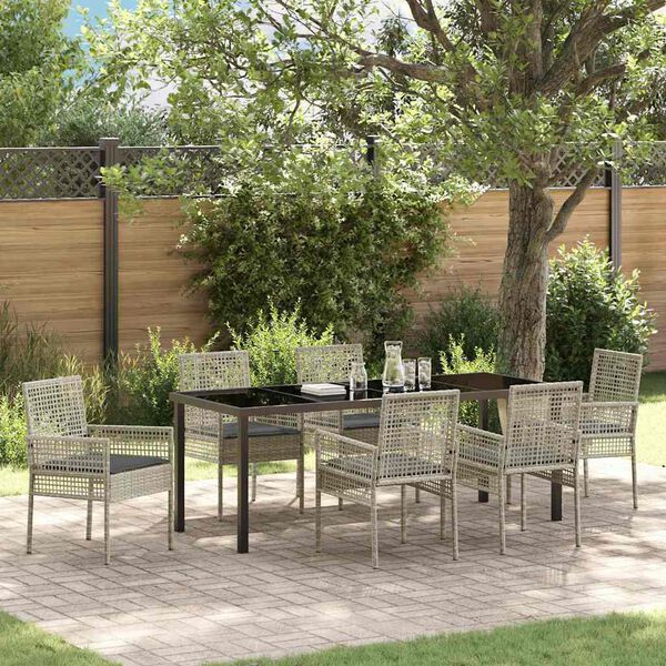 vidaXL Tuin eettafelset met kussen 7 pcs Lichtgrijs poly rattan