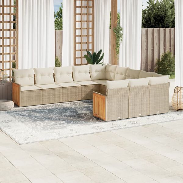 vidaXL 11-delige Tuinset met kussens poly rattan beige