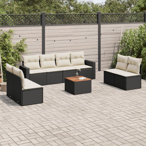 vidaXL 9-delige Loungeset met kussens poly rattan zwart