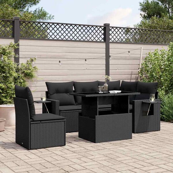 vidaXL 6-delige Loungeset met kussens poly rattan zwart